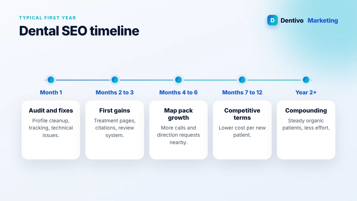 Dental SEO timeline from month 1 to year 2 showing typical ranking and patient growth