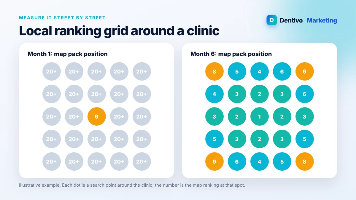 Local SEO ranking grid around a dental clinic showing map pack positions improving over time
