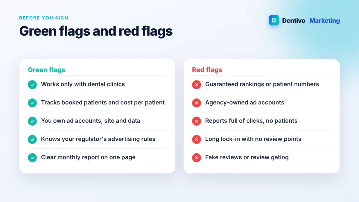 Checklist of green flags and red flags when choosing a dental marketing agency